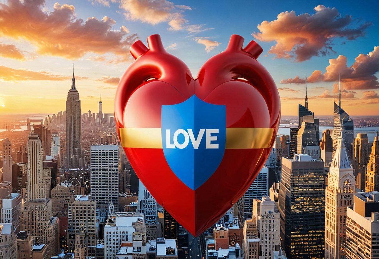 A heart intertwined with a shield, symbolizing love and protection in relationships. Surrounding the heart are icons representing various insurance policies like health, life, and auto, blended with subtle imagery of a couple and a professional setting. The background showcases a serene sky transitioning to a cityscape, reflecting aspirations. The color palette is warm and inviting with shades of red, blue, and gold. super-realistic. vibrant colors. soft focus.