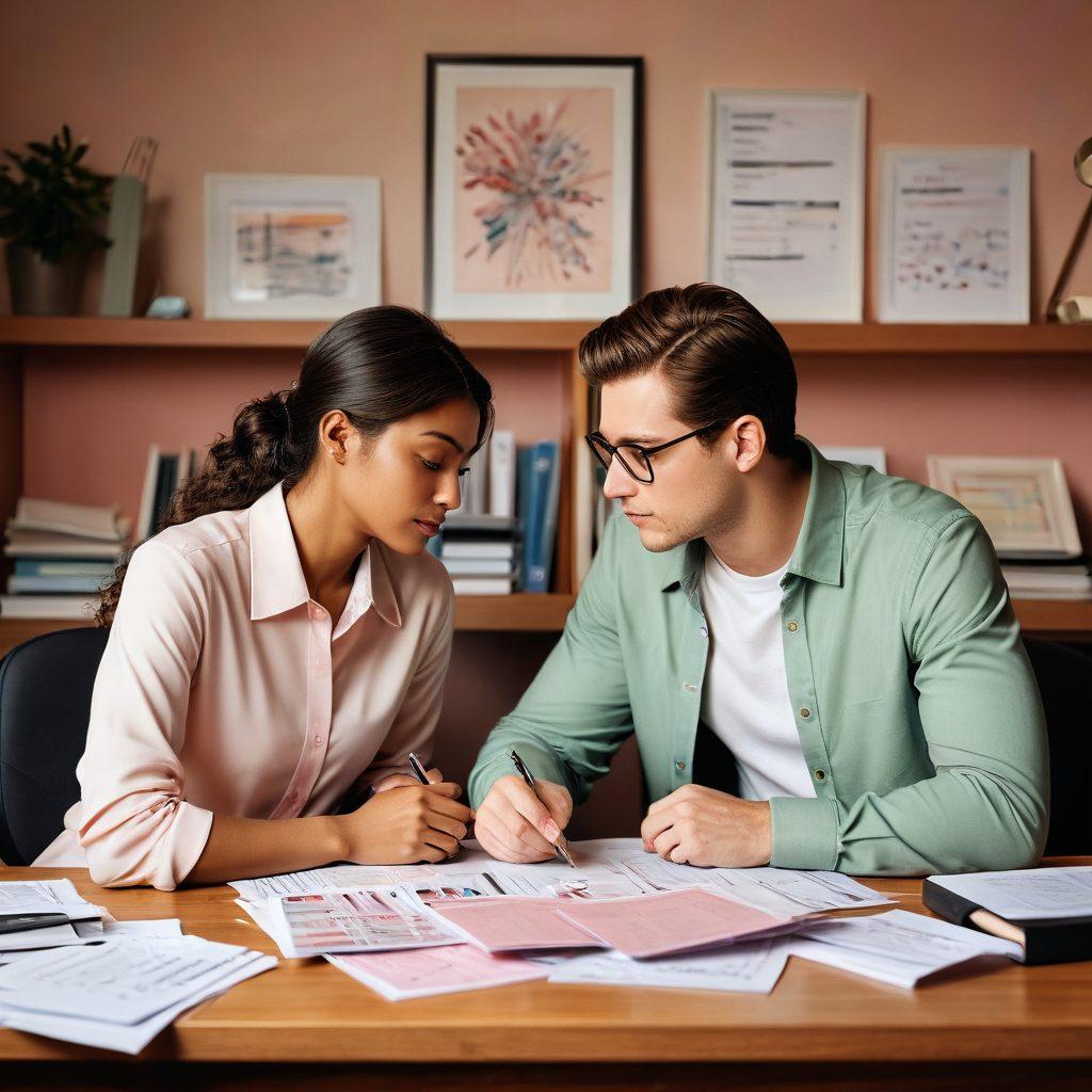 A split-image design featuring a romantic couple sharing a moment in a cozy setting on one side, while the other side depicts a professional couple discussing insurance policies over a desk filled with documents and calculators. The transitions between romance and business are fluid, symbolizing the connection between love and financial security. Soft pastels on the romance side and sharp, professional tones on the business side. super-realistic. vibrant colors. 3D.