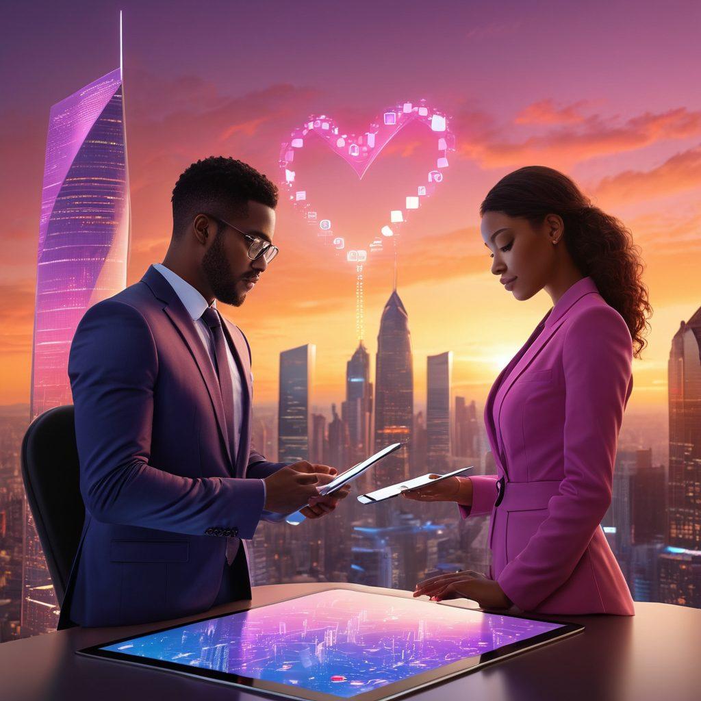A futuristic city skyline representing career growth, with a couple collaborating on a digital tablet, surrounded by icons symbolizing relationship goals and insurance insights. Include a vibrant sunset to symbolize hope and collaboration. The scene should have a blend of technology and human connection. super-realistic. vibrant colors. 3D.